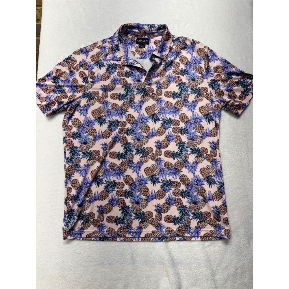 Chase 54 Mens Pineapple Print Golf Polo Shirt Pink Purple Performance Stretch L